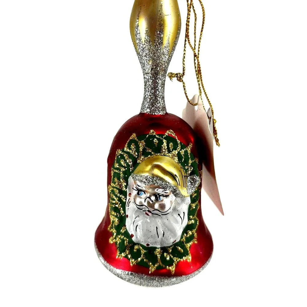 Vintage Christmas Home For The Holidays Glass Hanging Santa Wreath Ornament Bell